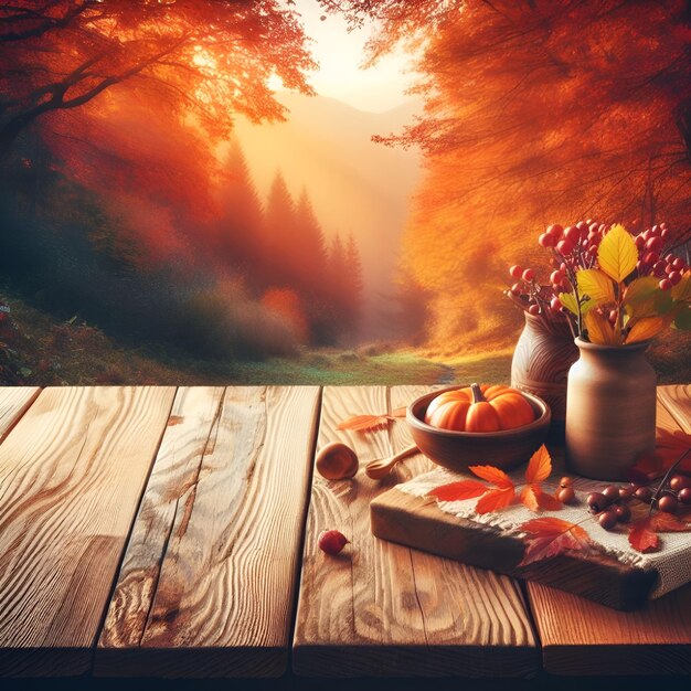 가을의 흐릿한 배경과 함께 빈 나무 테이블 탑 활기찬 이미지