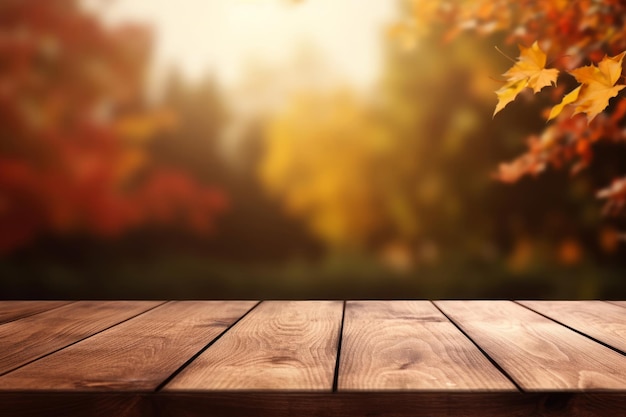 The empty wooden table top with blur background of autumn Exuberant image