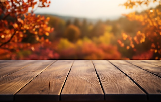 Foto il tavolo di legno vuoto con uno sfondo sfocato di autunno generativo ai