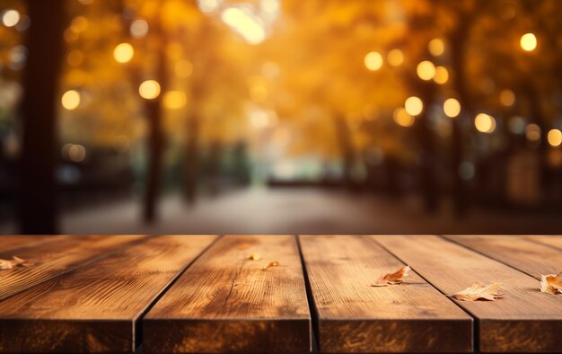 The empty wooden table top with blur background of autumn generative ai