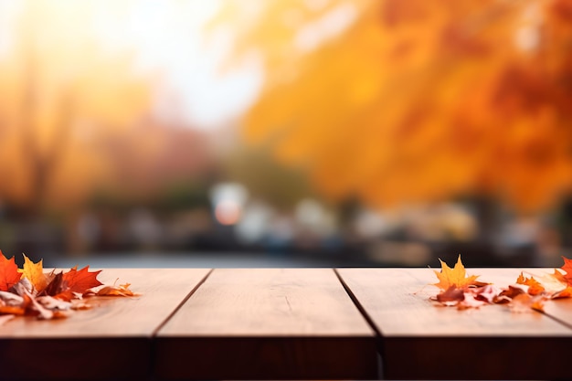 The empty wooden table top with blur background of the autumn landscape of the park AI generated