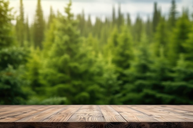 The empty wooden table top with blur background of boreal forest Exuberant