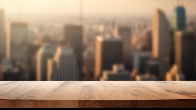 Photo the empty wooden table top with blur background of business district and office building in autumn exuberant image