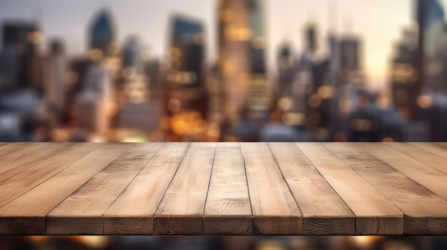 the empty wooden table top with blur background of business district and office building in autumn exuberant