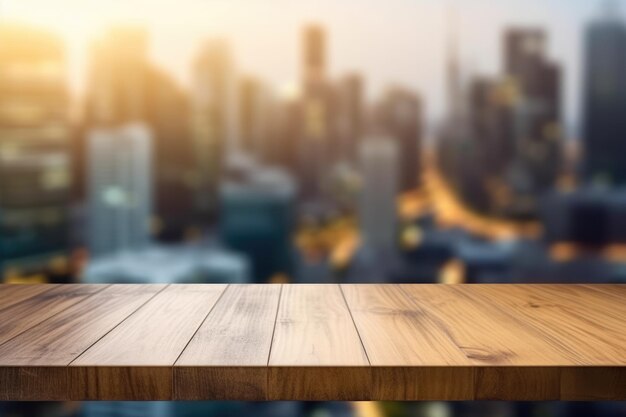 The empty wooden table top with blur background of business district and office building in autumn Exuberant