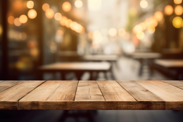 カフェの活気あふれるイメージの背景をぼかした空の木製テーブル トップ