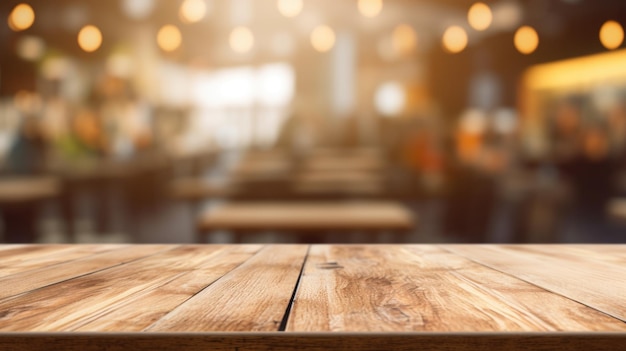 the empty wooden table top with blur background of cafe exuberant