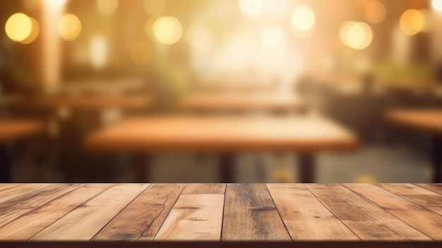 The empty wooden table top with blur background of cafe exuberant
