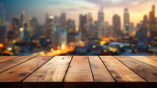 The empty wooden table top with blur background of cityscape Exuberant image