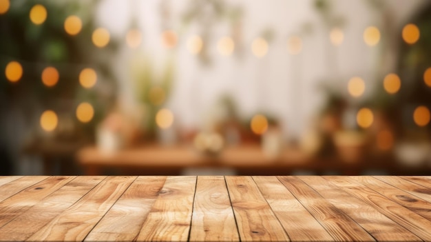 The empty wooden table top with blur background Exuberant