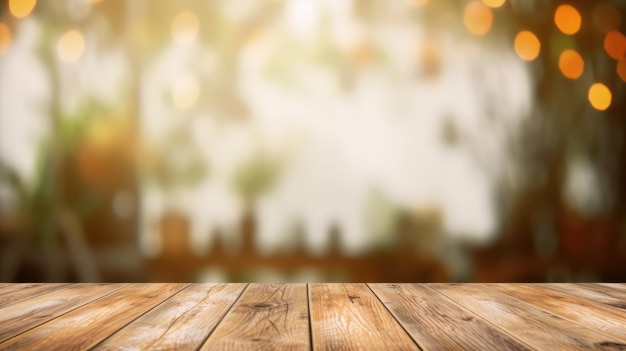 The empty wooden table top with blur background Exuberant