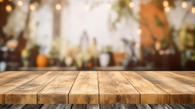 The empty wooden table top with blur background Exuberant