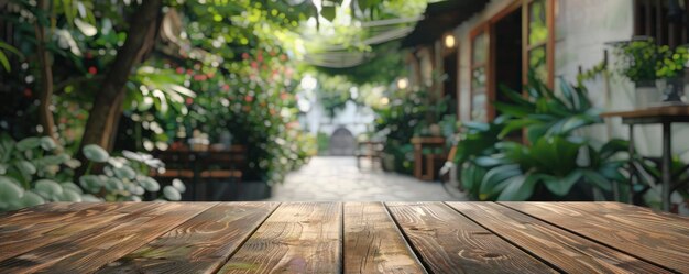 Photo empty wooden table top with blur background of green garden and coffee shop interior