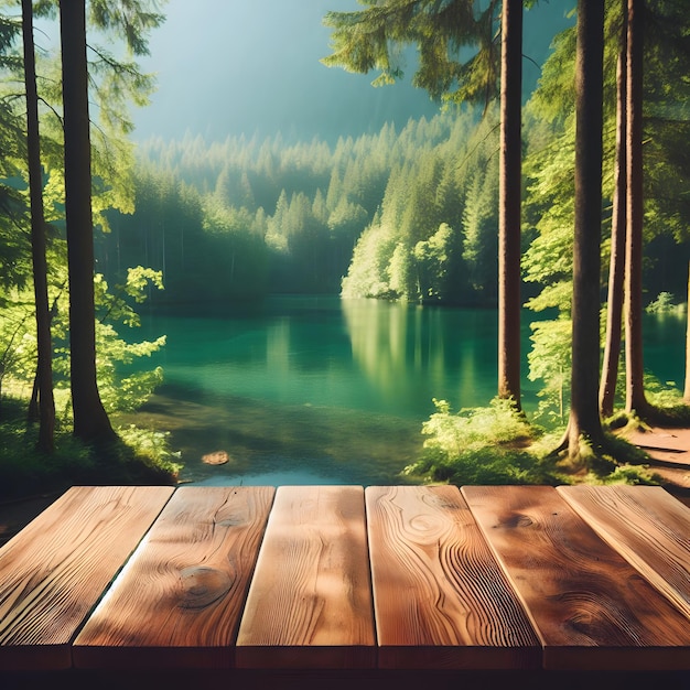 湖と森のぼんやりした背景の空の木製のテーブルトップ