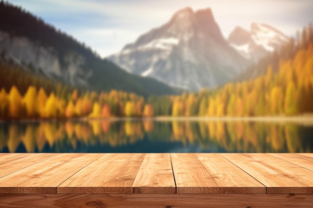 The empty wooden table top with blur background of lake and mountain in autumn Exuberant image