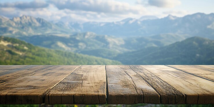 Photo the empty wooden table top with blur background of mountain