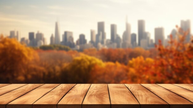 The empty wooden table top with blur background of nature skyline in autumn exuberant image