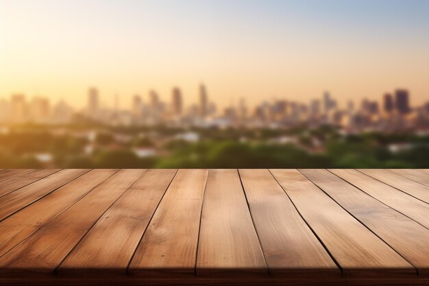 Empty wooden table top with blur background of nature skyline city town