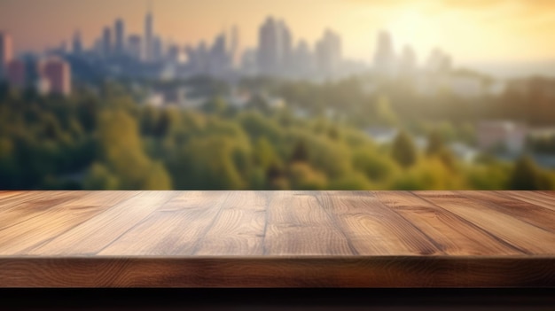 The empty wooden table top with blur background of nature skyline Exuberant image