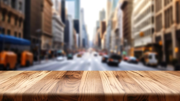 The empty wooden table top with blur background of NYC street Exuberant image