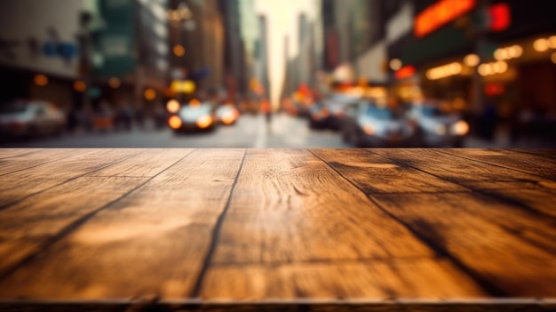 The empty wooden table top with blur background of NYC street Exuberant