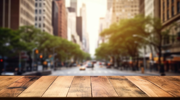 Photo the empty wooden table top with blur background of nyc street exuberant