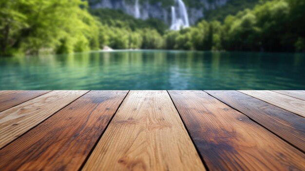 Foto il tavolo di legno vuoto con lo sfondo sfocato dei laghi di plitvice esuberante