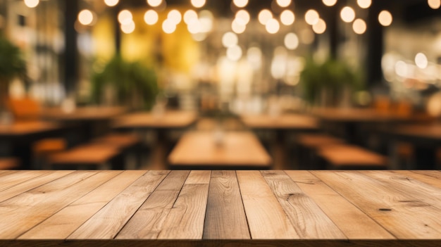 The empty wooden table top with blur background of restaurant exuberant image