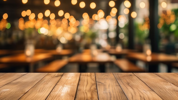 Photo the empty wooden table top with blur background of restaurant exuberant