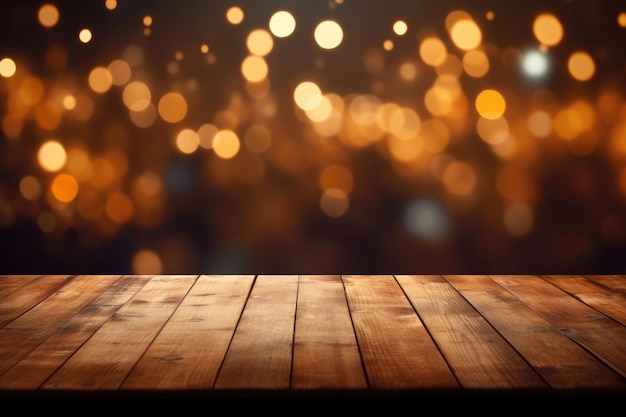 The empty wooden table top with blur background of restaurant at night Exuberant