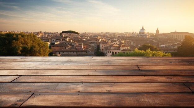 Foto il piano del tavolo in legno vuoto con sfondo sfocato di roma immagine esuberante foto di alta qualità