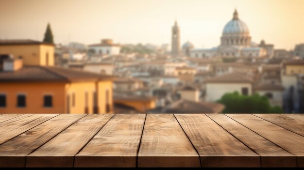 Foto il piano del tavolo in legno vuoto con sfondo sfocato di roma esuberante