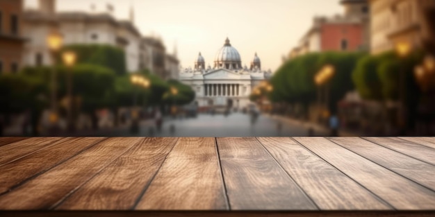 Foto il piano del tavolo in legno vuoto con sfondo sfocato di via roma esuberante