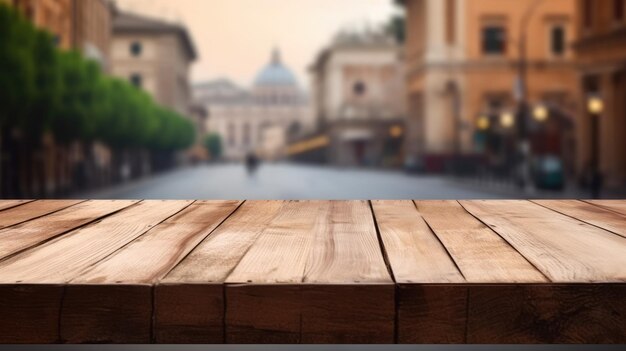 Foto il piano del tavolo in legno vuoto con sfondo sfocato di via roma esuberante