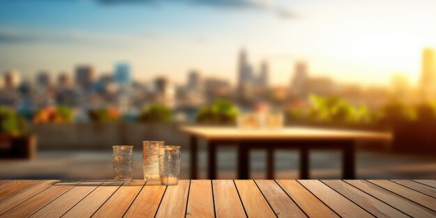 Photo the empty wooden table top with blur background of sky lounge on rooftop with cityscape view exuberant