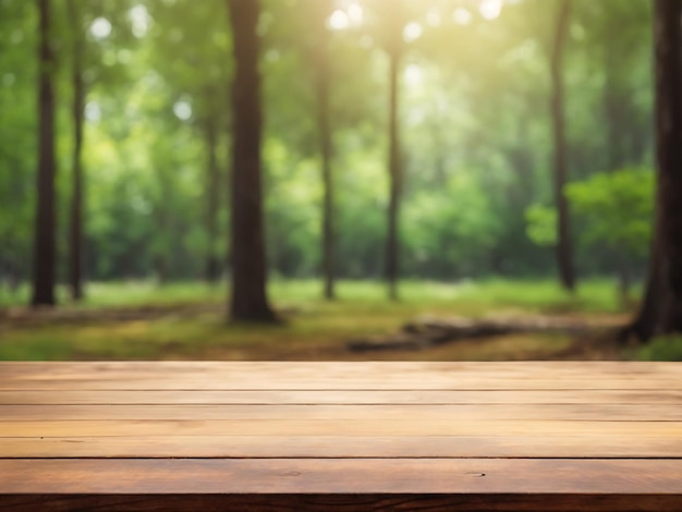 Empty wooden table top with blur background of Snowy mountains and trees