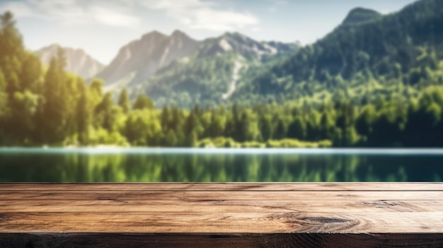 The empty wooden table top with blur background of summer lakes mountain Exuberant image