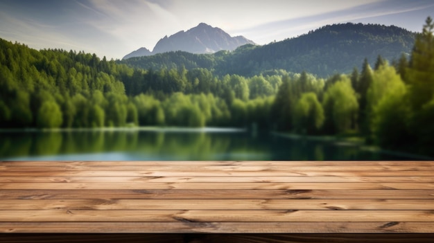 Пустая деревянная столовая поверхность с размытым фоном летних озер, горы, жизнерадостное изображение.