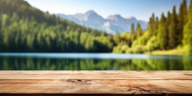 The empty wooden table top with blur background of summer lakes mountain Exuberant image