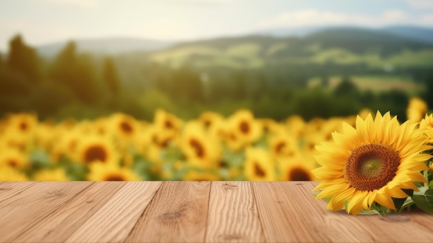 The empty wooden table top with blur background of sunflower field generative ai image aig30