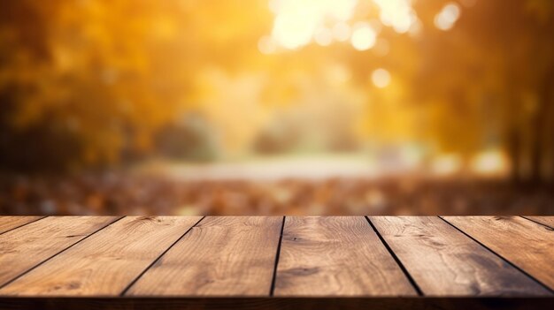 An empty wooden table top with blur background of trees