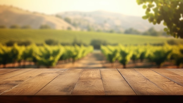 ブドウ畑の豊かなイメージの背景をぼかした空の木製テーブル トップ