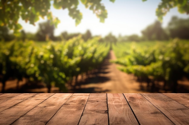 The empty wooden table top with blur background of vineyard Exuberant image