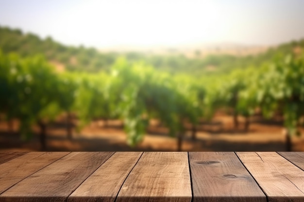 The empty wooden table top with blur background of vineyard Exuberant image