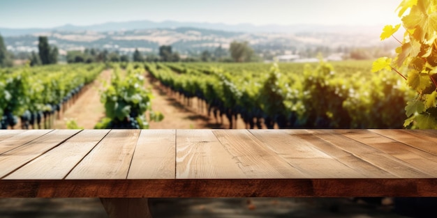 The empty wooden table top with blur background of vineyard Generative AI AIG30