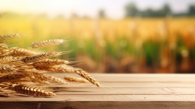 the empty wooden table top with blur background of wheat farm generative ai aig30