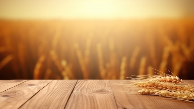 the empty wooden table top with blur background of wheat farm generative ai aig30