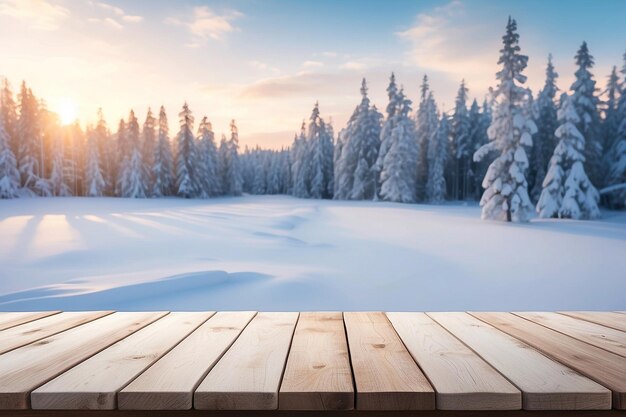 The empty wooden table top with blur background of winter in Finland Exuberant image