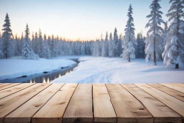 The empty wooden table top with blur background of winter in Finland Exuberant image