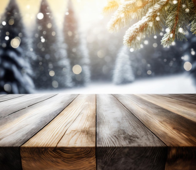 Photo the empty wooden table top with blur background of winter